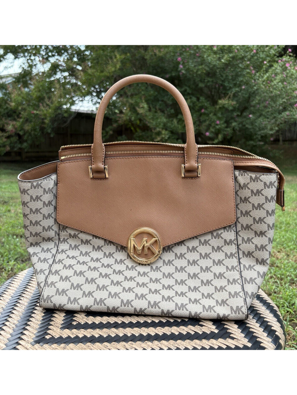 Michael Kors Beige Brown MK Monogram Satchel Top Handle Zip